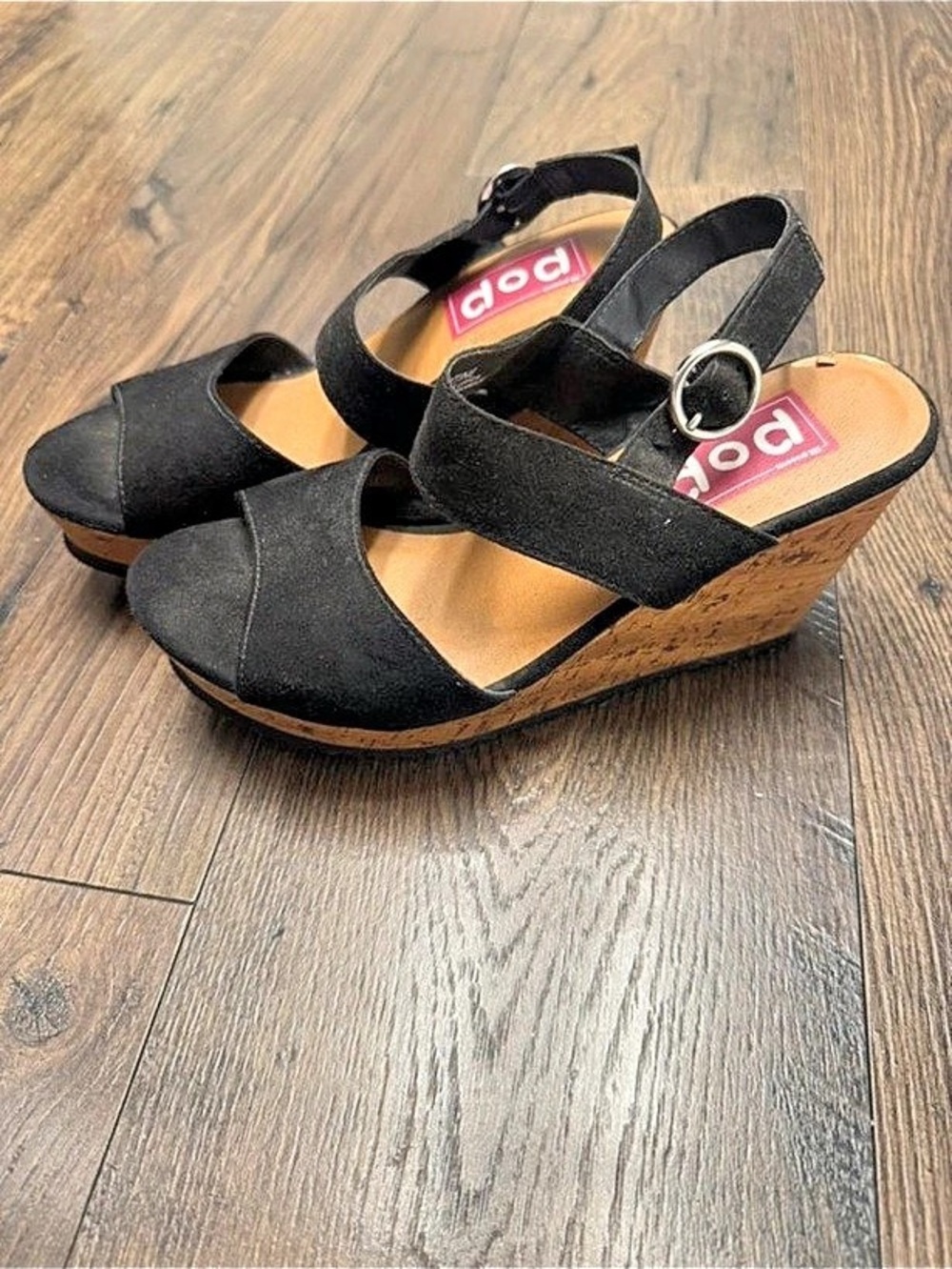 POP by EDI Presents Justine Black Wedge Sandals Size 8